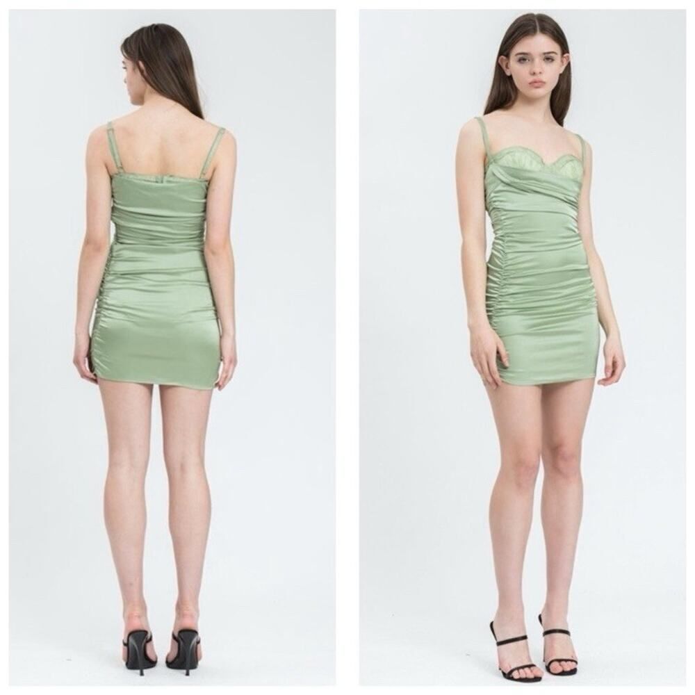 NWT Danielle Guizio Green Ruched Satin Mini Dress L Adjustable Straps Clubwear - Picture 4 of 13
